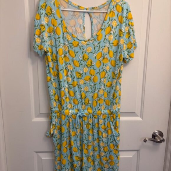 Light Blue Lemon Print Short Sleeve Romper with Pockets - Picture 1 of 3